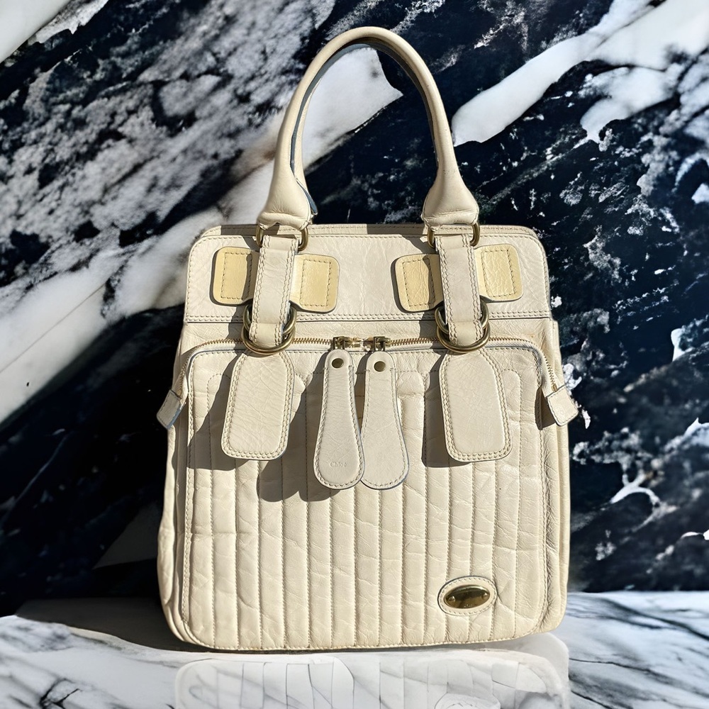 Authentic Chloé Bay quilted large satchel handbag cream